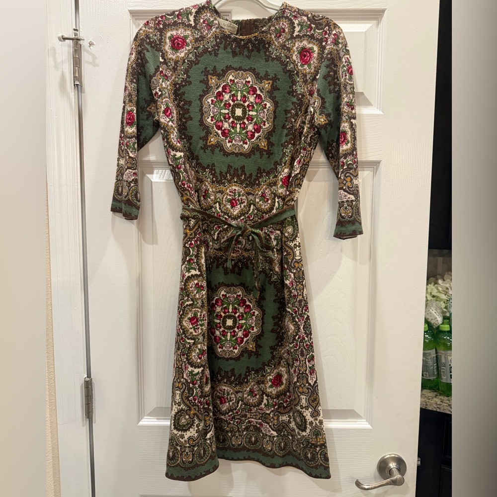 Vintage Green Midi Dress with Pink Floral Medallions